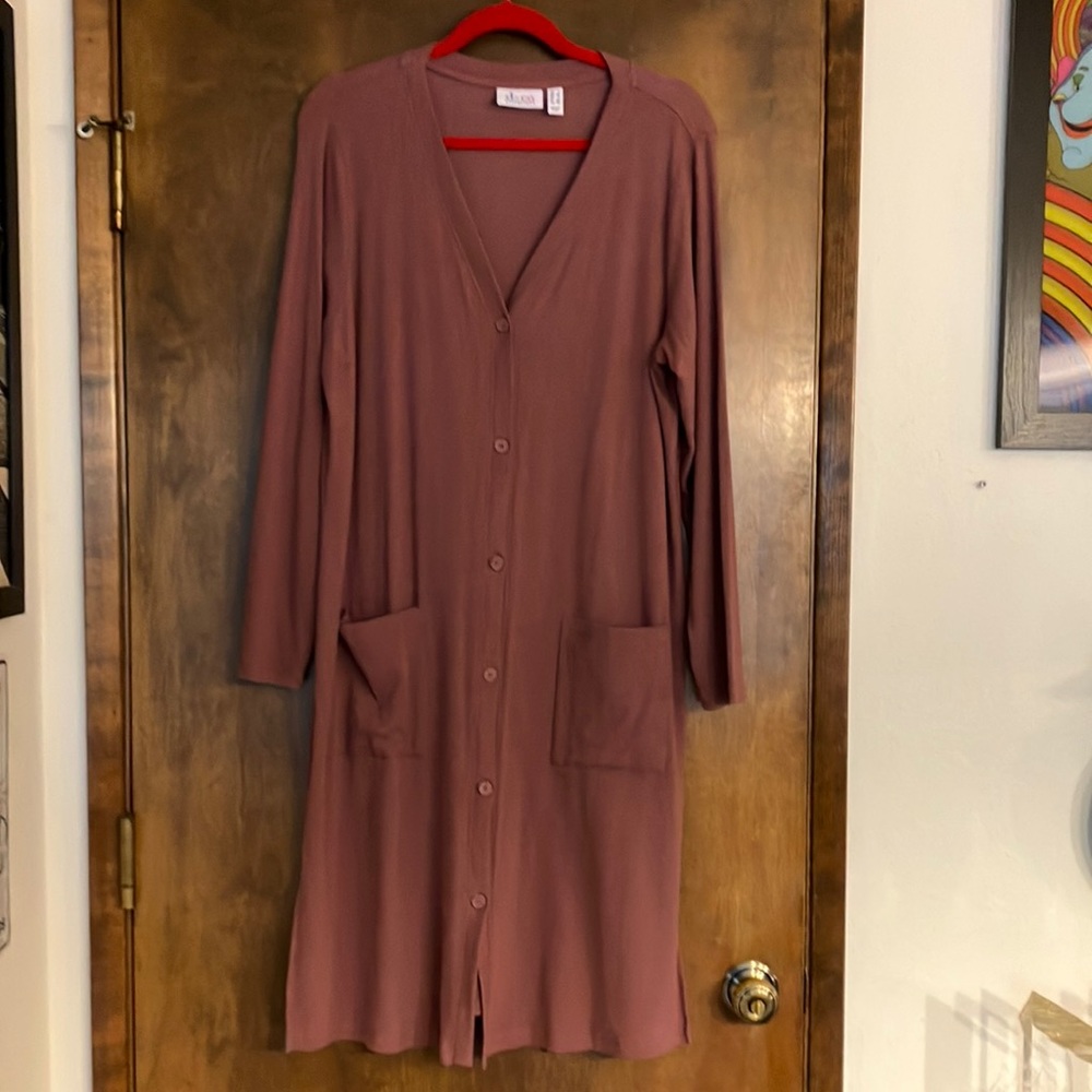Denim & Co Essentials Dusty Rose 🌹 Large NWOT DUSTER V Neck Button Down